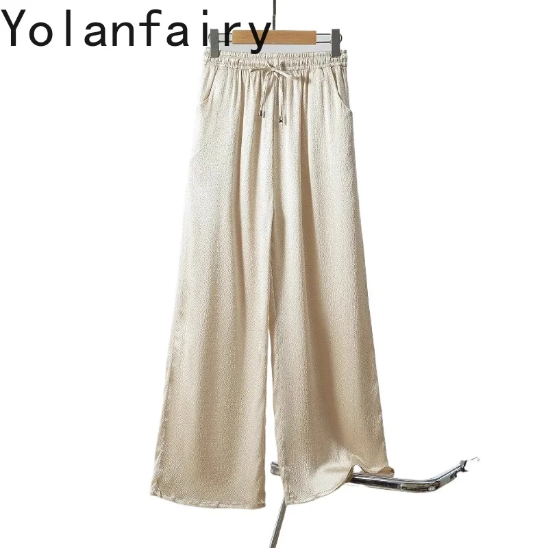YOLANFAIRY New 93% Real Mulberry Silk Pants Women Clothing 2026 Summer Pearl Satin Wide Leg Pants Woman Trousers Casual Pants
