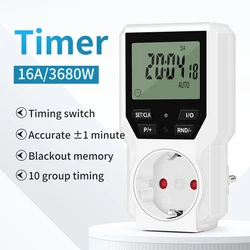 Electronic Digital Timer Switch 12/24 Hour Programmable Timing Socket 230V Kitchen Timer Appliance Outlet Time Control EU Plug