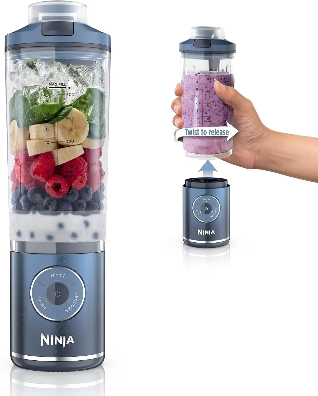 

Portable Blender with Twist & Go, Personal Smoothie Maker, Cordless, 22 oz Removable Vessel, Dishwasher Safe, Leakproof, Navy