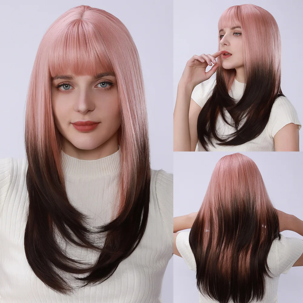 

European and American wig women 24inch pink gradual change brown wig full hood women daily