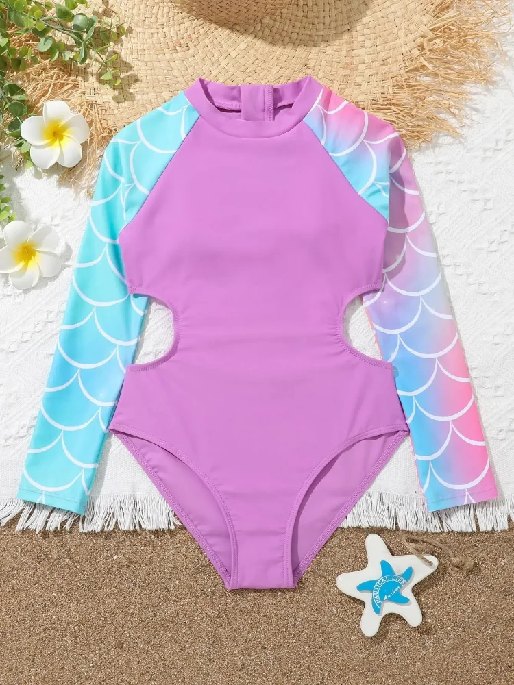 Girls One Piece Swimsuit with Long Sleeve Purple Blue Cut Out 7-12 Years Children\'s Swimwear 2024 Teens Bathing Suits for Kids