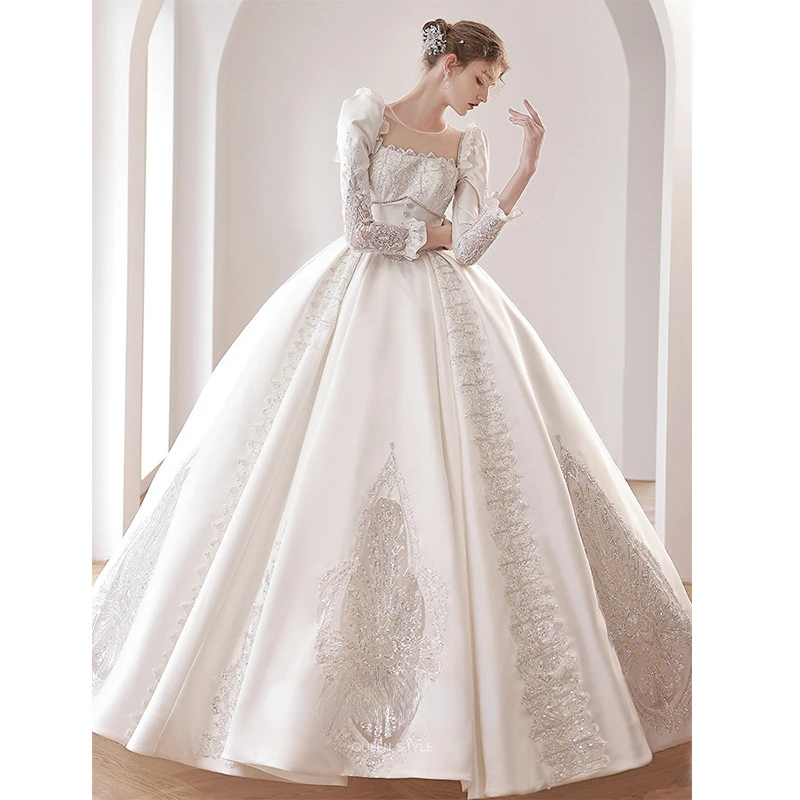 Luxury Stunning Satin A-Line Wedding Gowns Vintage Court Beading Appliques Princess Wedding Dresses Gorgeous Bridal Gowns 2024