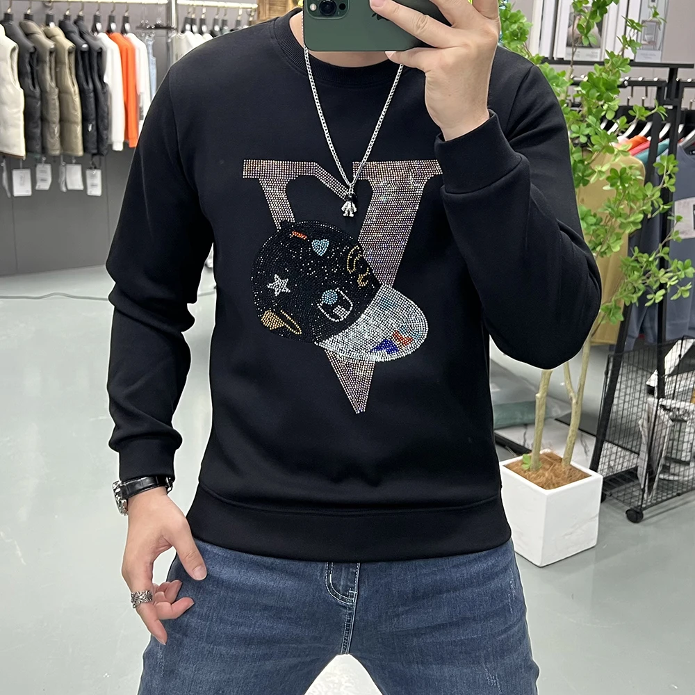 Men's Hoodie New Letter Hot Diamond Long Sleeve Sweatershirts Personalized Trendy Brand Pullover Bottom Shirt Tops Man Clothing