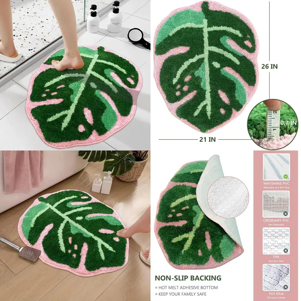 

Коврик для ванной Monstera, милый коврик для ванной комнаты, нескользящий плюшевый коврик в форме ладони, веселый коврик для ванны, можно стирать в машине, зеленый и розовый лист м