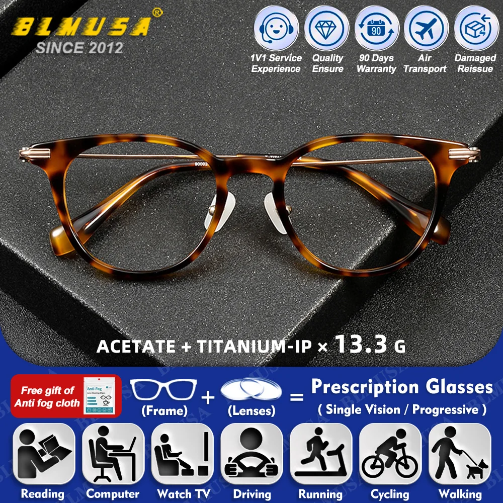 BLMUSA (S) New Design Handcrafted Acetate Optical Prescription Glasses Men Women Titanium Anti Blue Light Progressive Eyeglasses