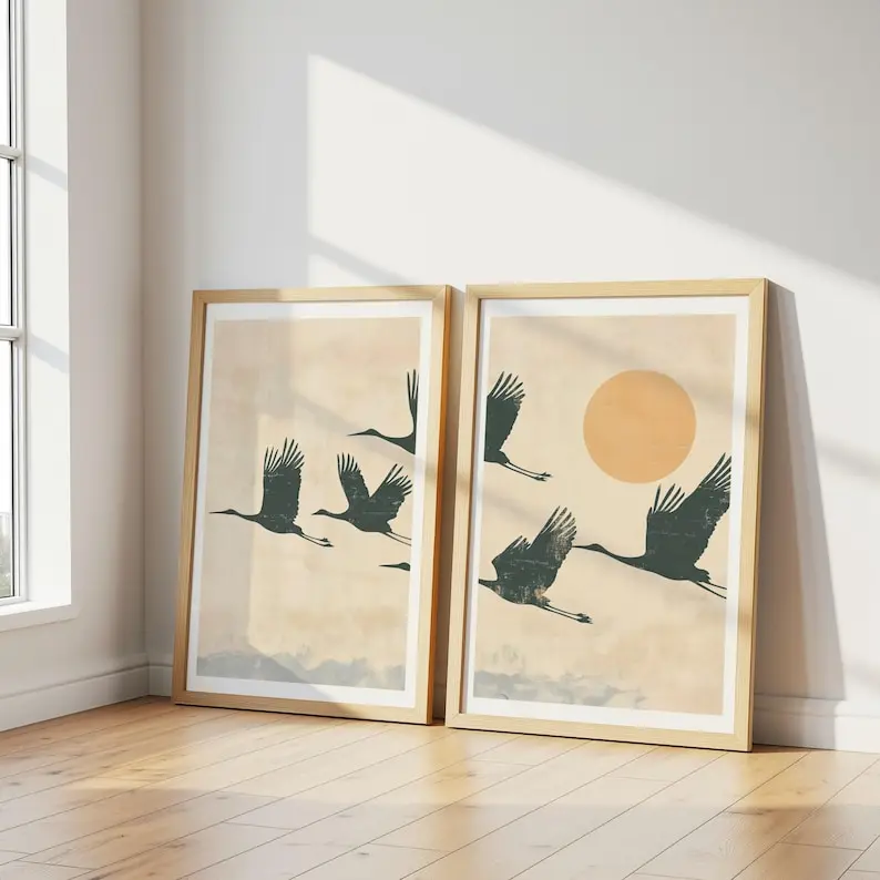 2 Stück Japandi-Wandkunstposter mit fliegenden Kranichen – ungerahmte japanische Vintage-Kunstwerke, elegante Drucke für Wohnzimmer- und Galerie-Dekoration