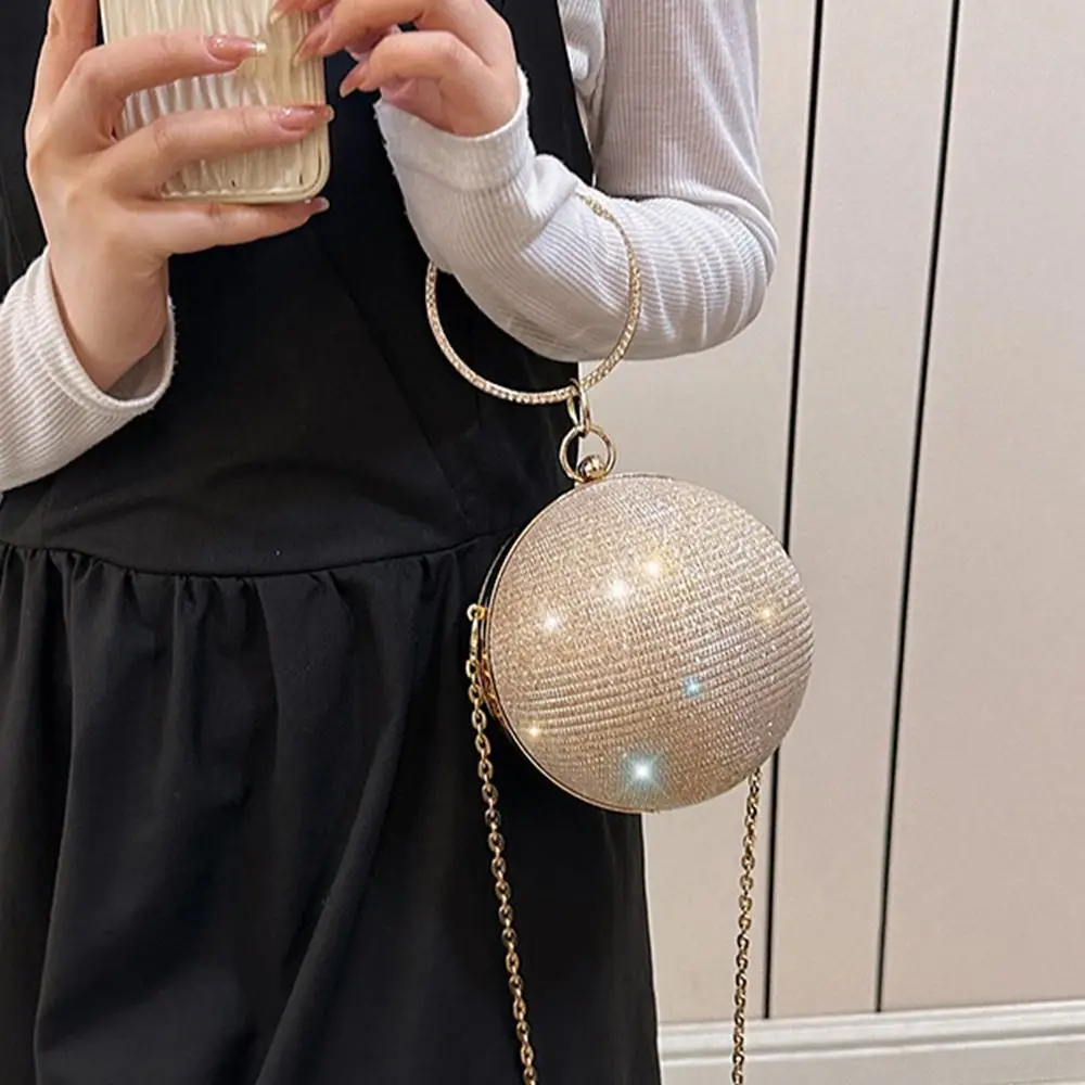 Bolso de mano de bola redonda con diamantes de imitación para mujer, bolso de noche, bolso de hombro con cadena para lápiz labial, anillo Circular,