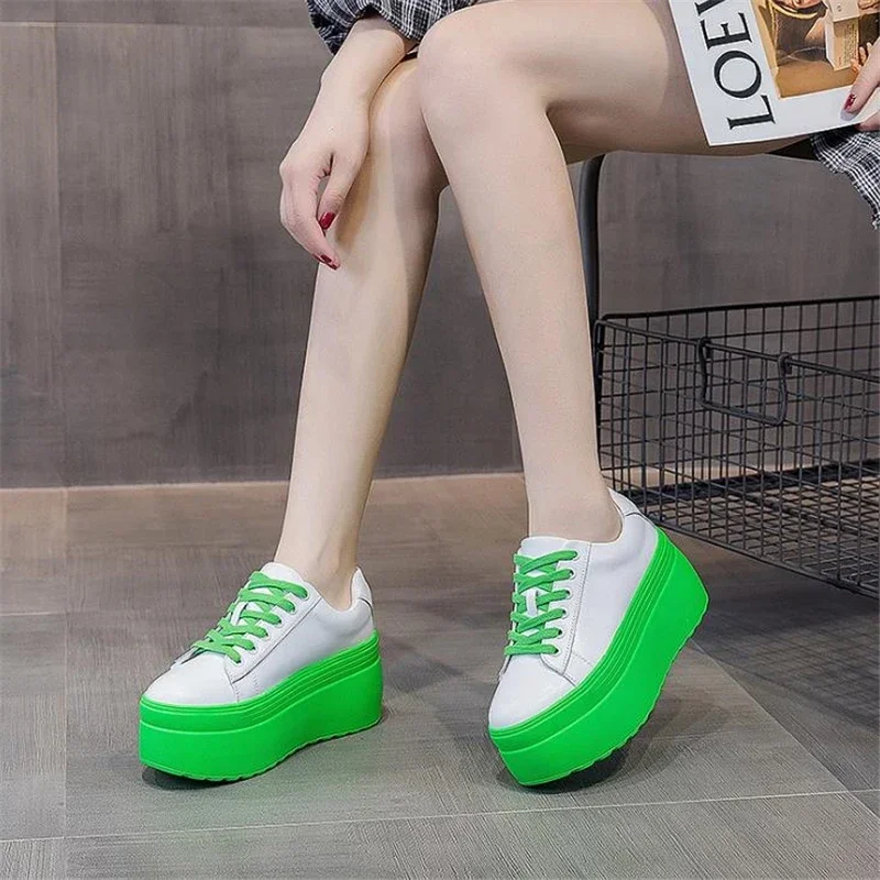 Women\'s Sneakers 8CM Thick Bottom Ladies Flats Casual Platform Flat Shoes Lace Up Leather Creppers Girls Lolita Shoes Mary Janes