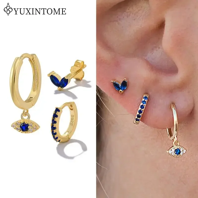 

925 Sterling Silver Ear Needle Devil's Eye Blue Zircon Three-piece Set Of Earrings Hoop Earring For Women Trendy Jewelry Gifts