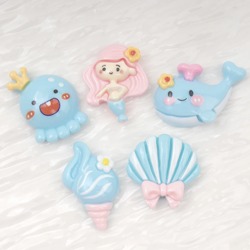 10/100Pcs Cute Blue Flat Back Resin Scrapbooking DIY Mermaid Whale Octopus Shell Conch Series Handmade Craft Decoration