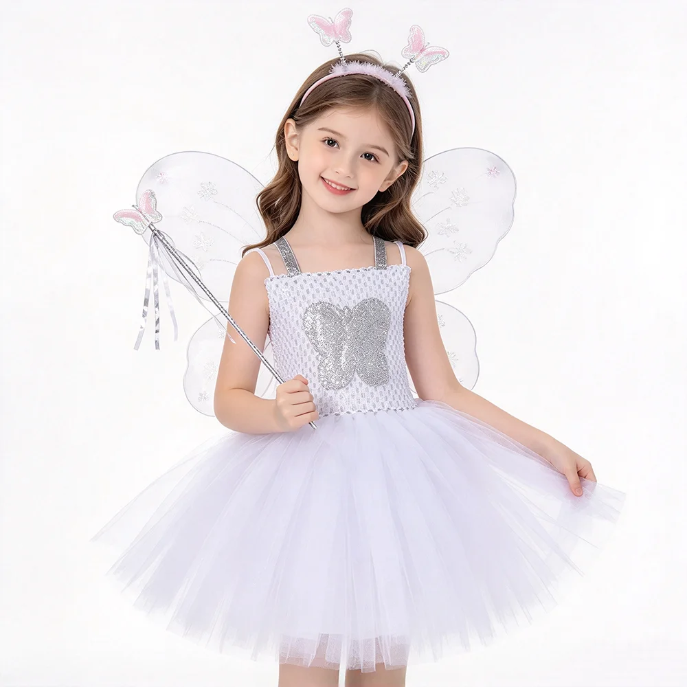 White Butterfly Fairy Costume for Girls Christmas Halloween Birthday Dress Up Outfit with Wings, Antenna Headband & Fairy Wand