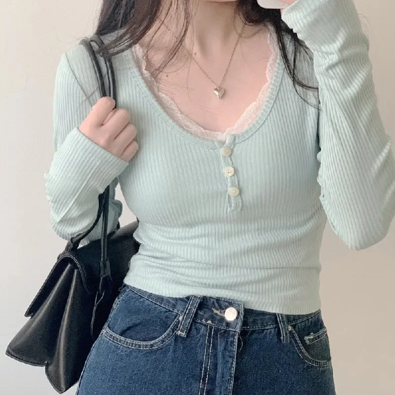 New Y2K Lace Trim Patchwork Button Knitted Crop Top Cute Long Sleeve V Neck T-Shirt Korean Chic Harajuku Pullovers Autumn Winter