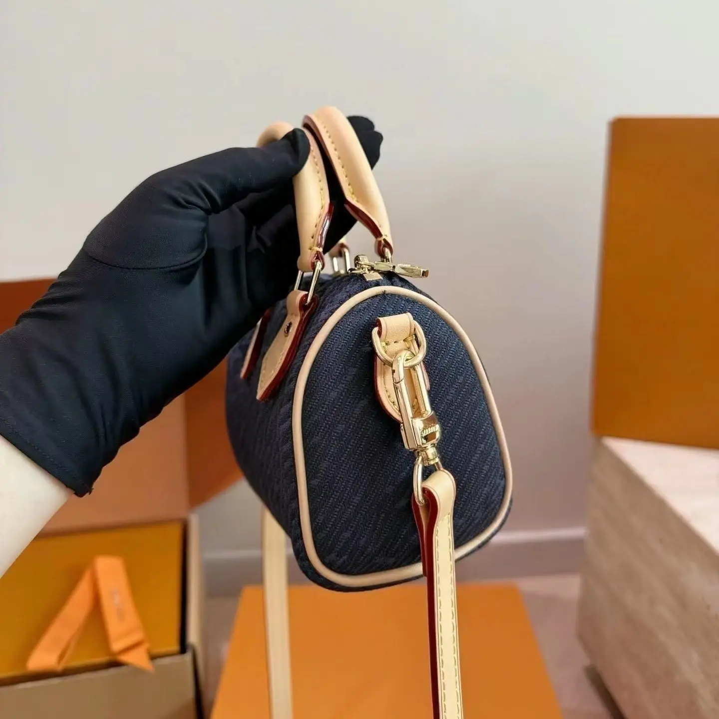Vintage Mini Denim Boston Bag, Cowhide Trim Top Handle Detachable Strap Small Barrel Crossbody Purse