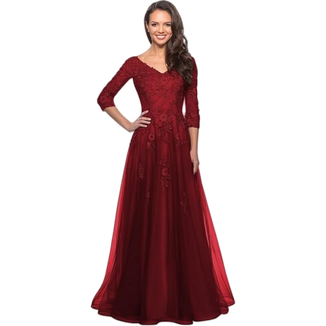 

Women's Lace Appliques 3/4 Sleeve Mother of The Bride Dresses Long V Neck Tulle Evening Dresses with Pockets Guest Dress