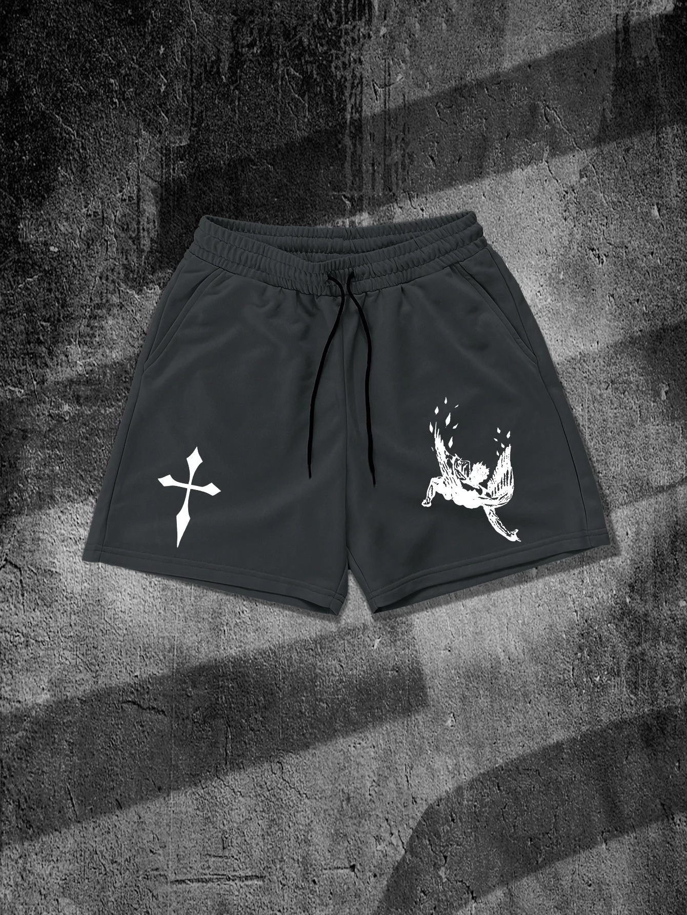 Men's Fallen Angel & Cross Graphic Oversized Shorts, Gothic Streetwear Drawstring Shorts, Polyester Casual Gym Shorts for Men