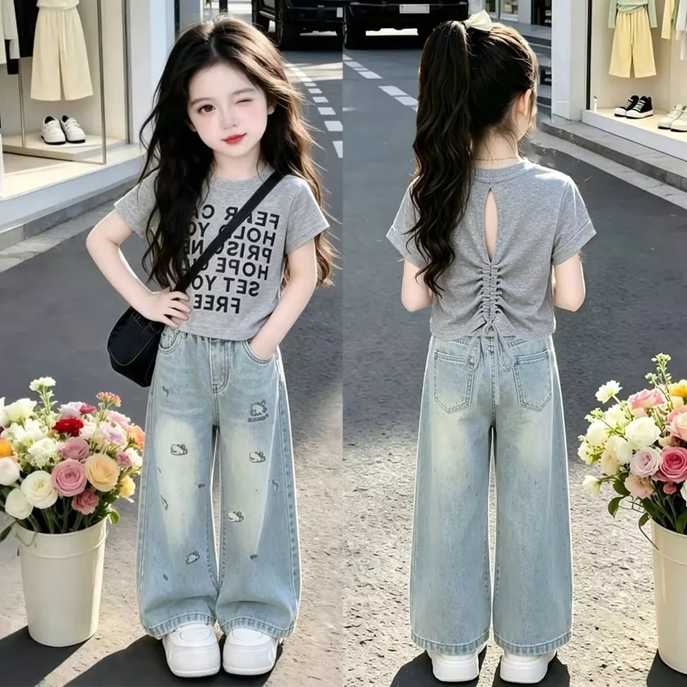 Girls Set Summer 2026 New Style Children's Stylish Short Sleeved Printed T-shirt Jeans Two-piece Set Fashionable Outfit