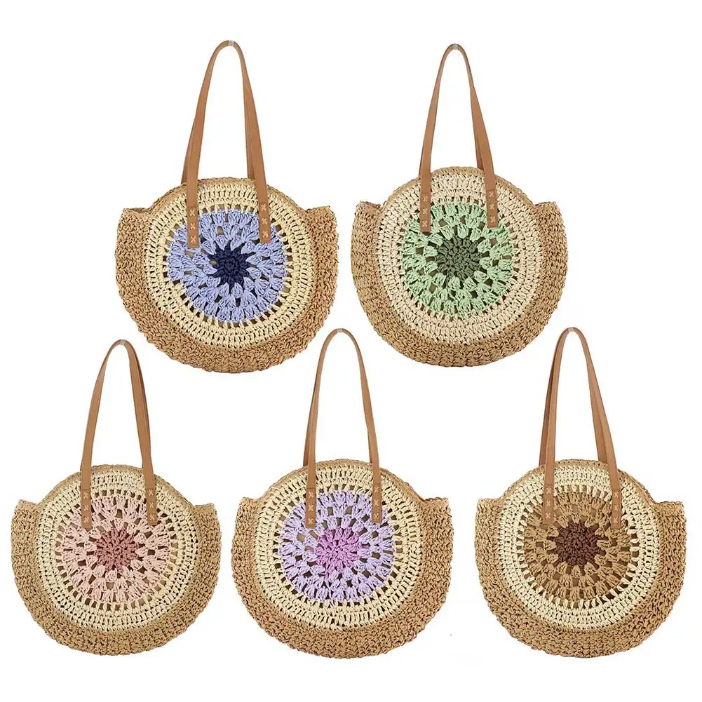 

Round Summer Straw Bag with Zipper Closure Vacation Bag with Color Collision Trendy Holiday Travel Handbag for Women and Girls