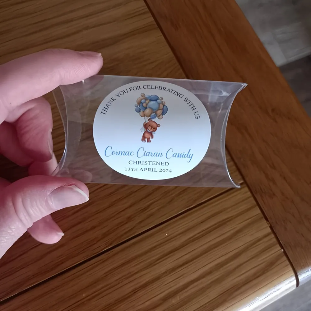 

Personalised Christening Stickers, Boys Teddy with Blue Balloons, Name and Date Thank You For Coming Sticker