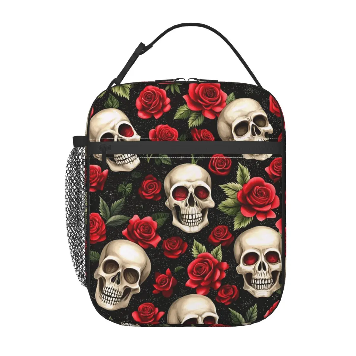 Rose Skull Gothic Style Pattern Insulated Lunch Bag for Women Kids Portable Food Boxes Thermal Lunch Box Tote