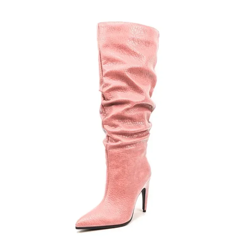 

2024 European And American Women's Autumn And Winter Fashion Super Portable Leather High-heeled Pleated Knee High Stack Boots