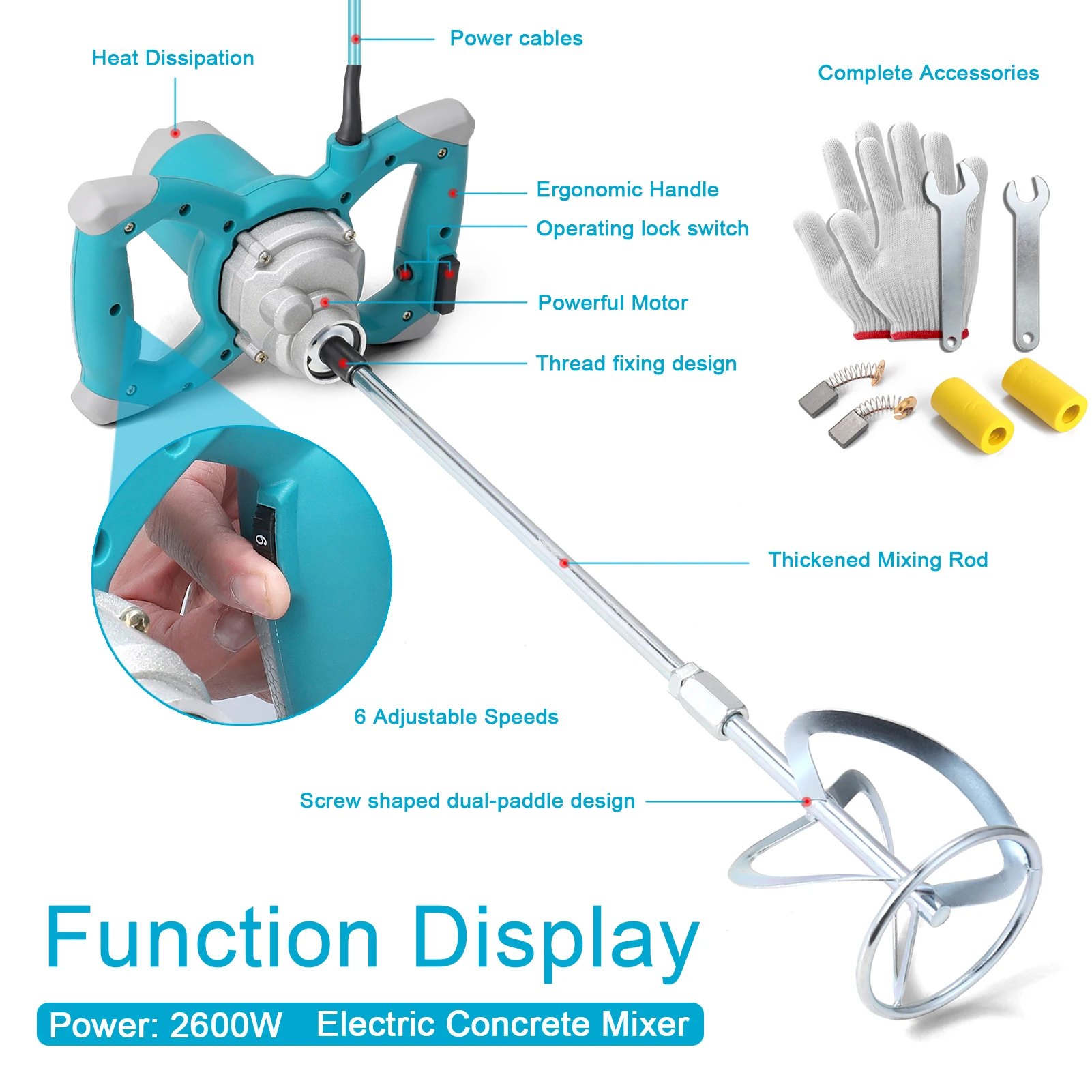 2600W Electric Concrete Mixer Portable Handheld Concrete Cement Mixer 6 Speeds Mixing Machine Grout Plaster Paint Stirring Tool