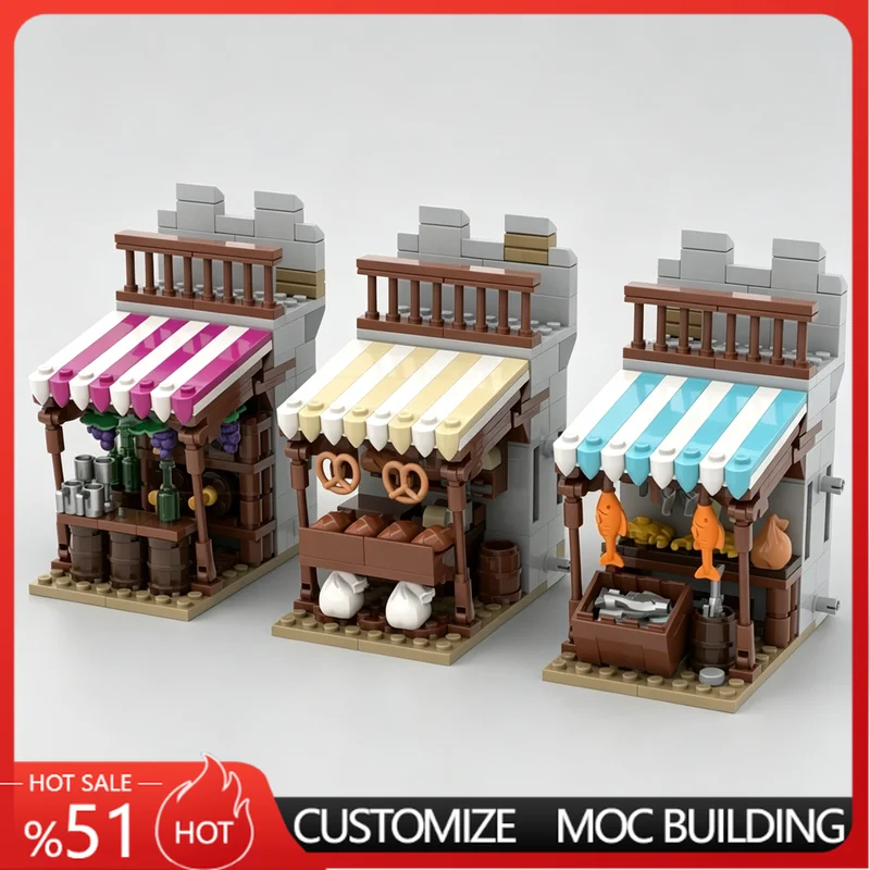549 PCS Modular Castle Market Stands Building Blocks Medieval Street View Architecture Model DIY Assembly Educational Toy Gifts