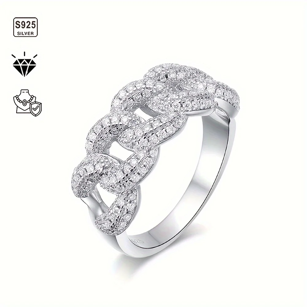 1pc S925 Silver Inlaid 4.2CT Moissan Double Line Cuban Ring, Hip Hop Rings for Men and Women, Eternity Band Rings, Moissan Gemst