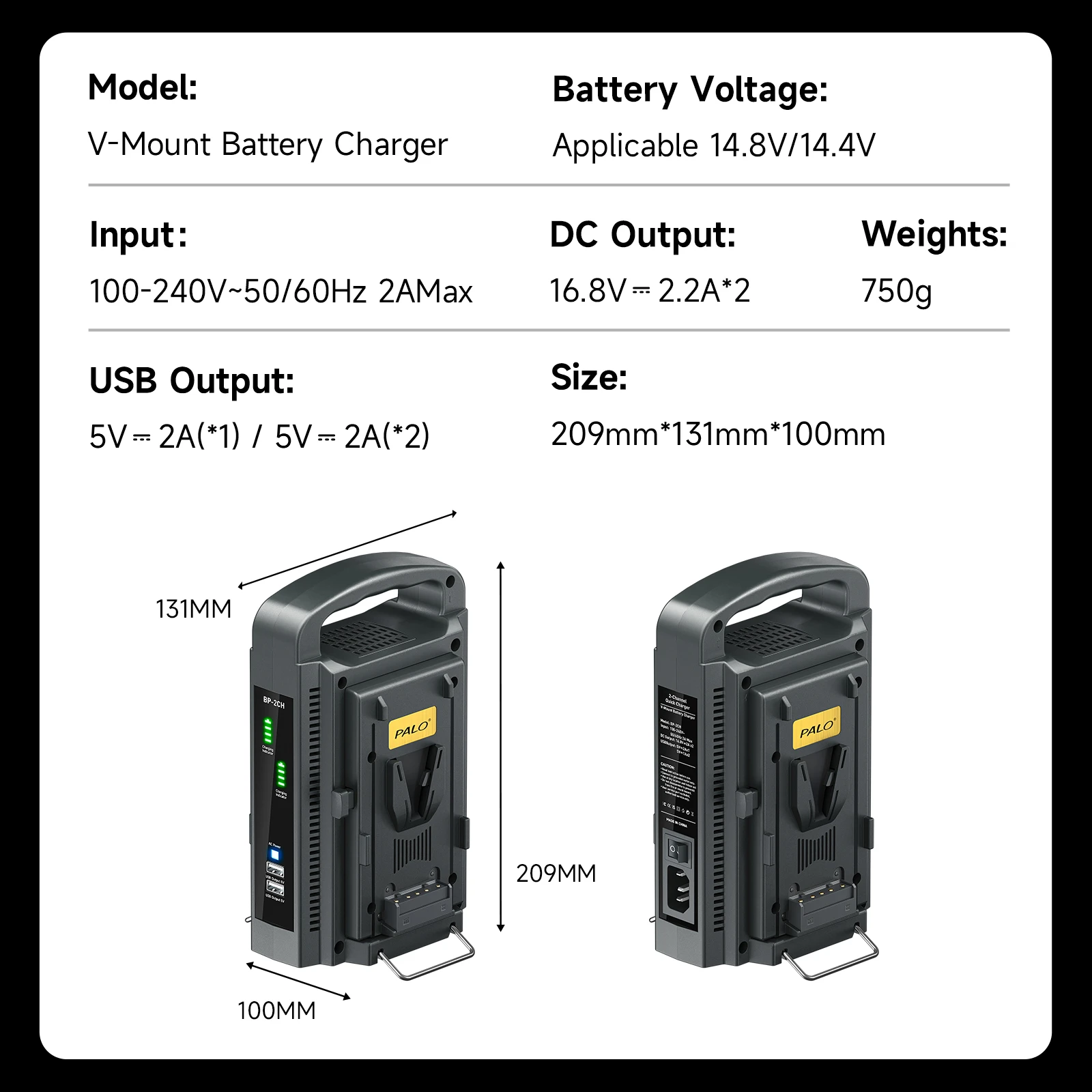 V-Lock Charger With 2-Slots LED Charging Display Smart V Mount Battery Charger Dual USB 5V Output