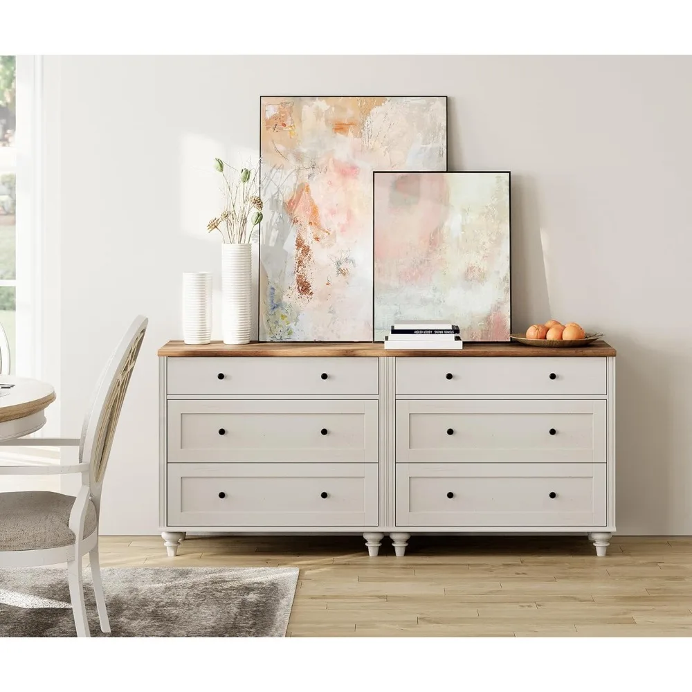 

White Dresser for Bedroom with 6 Drawers, Wood Dressers with Wide Chest of Drawers, Mid Century Modern Wooden Closet Storage