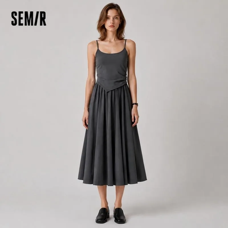 Women Dress Spliced Fake Two Piece Slim Fit Smart Casual Design Textured Maxi 2026 Summer Elegant Fashion Daily Wear Top