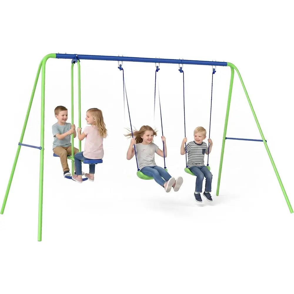 Metal Swing Set with Glider, Two S Seats and Adjustable Height, Outdoor Heavy Duty A-e Kids Playset Suitable or Playground, Back