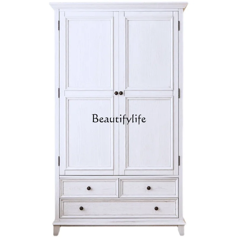 American solid wood double door wardrobe rural ash wood white wardrobe