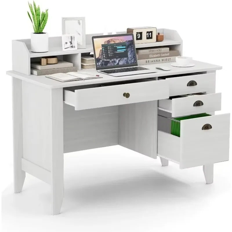 

48" Computer Desk with 4 Storage Drawers and Hutch Wood Executive Table for PC Laptop