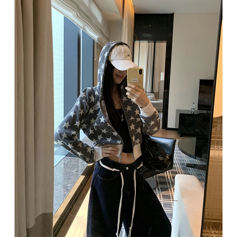 

Y2K Star Print Hoodies Women Harajuku Cropped Hooded Sweatshirts Fall Winter Fashion Grunge Streetwear Long Sleeve Zip Up Jacket