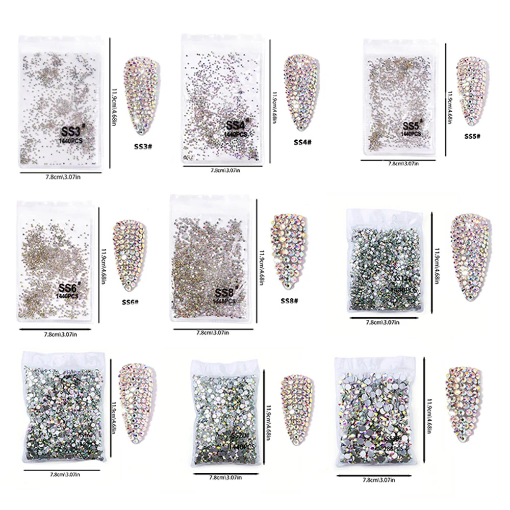 1440 個ネイルクリア/AB ガラスストラスヒラタクリスタルラインストーン (SS3-SS30)3D ネイル宝石非ホットフィックスネイルラインストーン