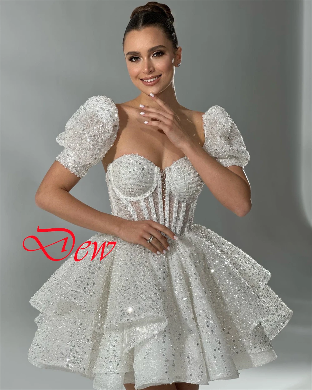 Vestido de novia elegante personalizado con lentejuelas de Organza blanca, exquisitos vestidos de novia de manga corta sin tirantes y manga desmontable