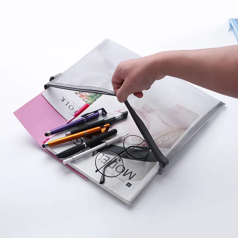 A4 بسيطة شاش شفاف حقيبة مستندات تخزين المعلومات امتحان الطالب شبكة سستة حقيبة القرطاسية مجلدات الملفات