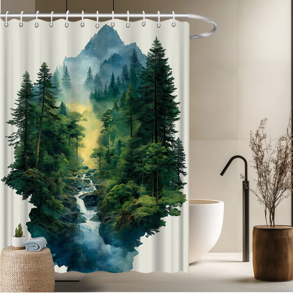 1pc Extra Large Shower Curtain - Mountain Forest Landscape with Pine Trees, Waterfall-like Stream - Anti-Fade Bathroom Decor