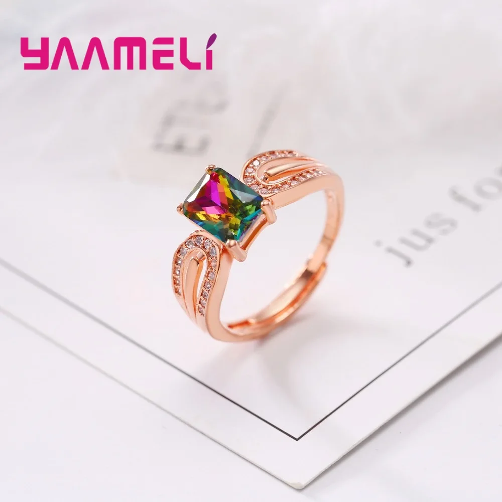 Women Ladies Luxurious Classical Different Design Opening Finger Rings Square Cubic Zirconia Rose Gold Crystal Jewelry