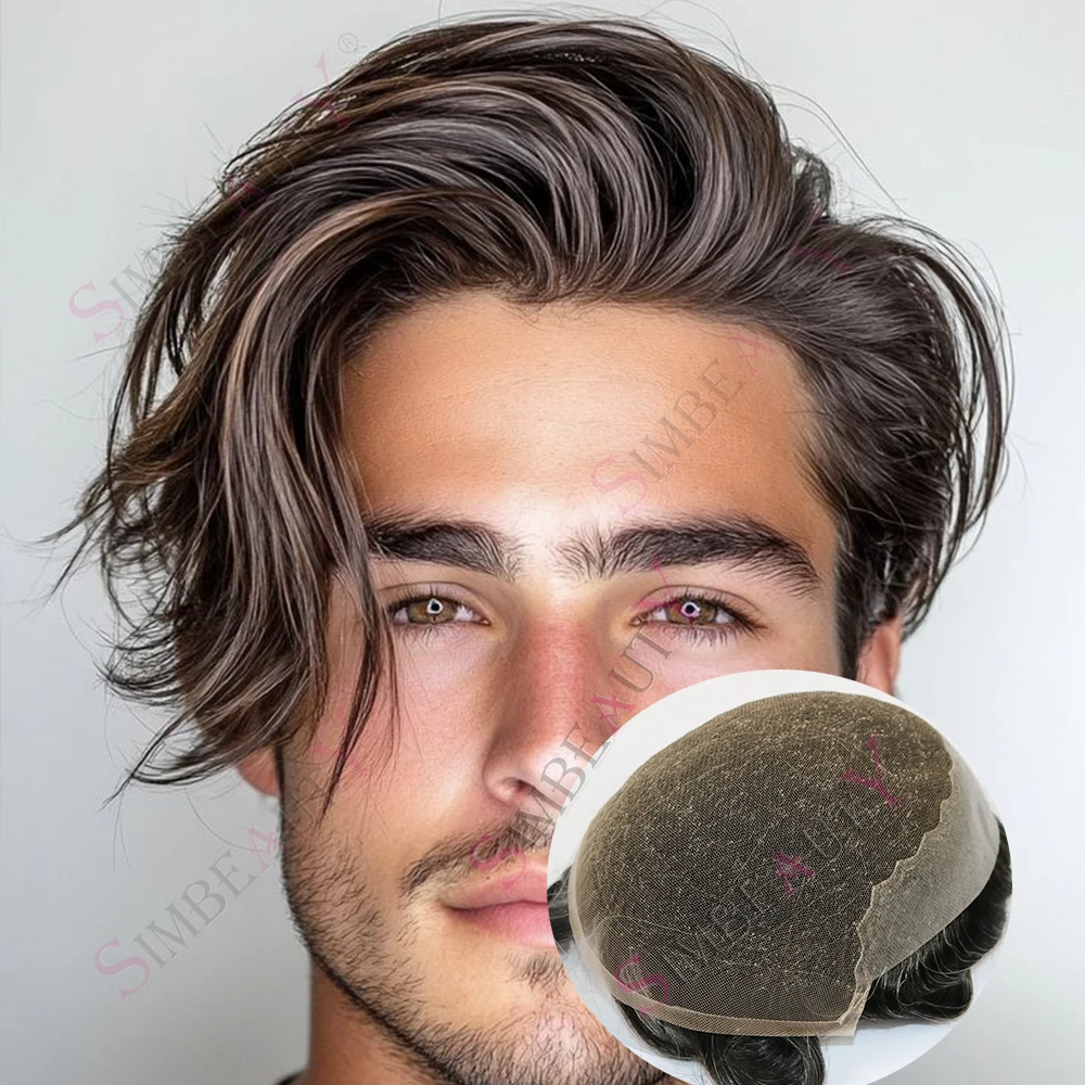Undetectable Super Durable 1B40 1b65 Grey Black Q6 Lace Front Men #18 Dark Blonde Human Hair Swiss Lace&PU Bleached Knots Toupee