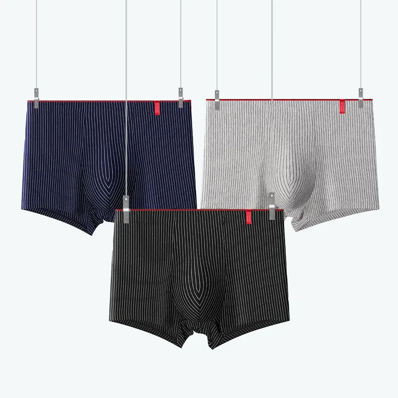 Men Simple Vertical Striped Boxer Briefs Comfortable Breathable Mid-Waist Underwear Teenage Daily Underpants