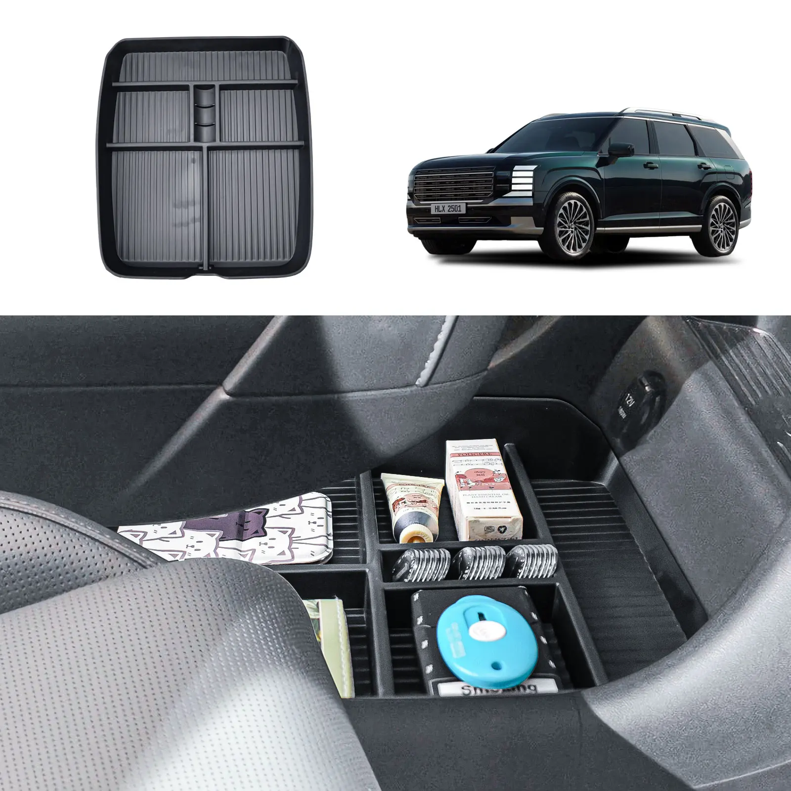 

2026 Palisade Lower Center Console Organizer Floor Center Console Compartments Under Storage Box Tray Interior Car Accessories