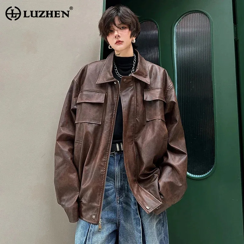 

LUZHEN Pockets Splicing Design Stylish PU Leather Jackets Trendy Handsome Street Korean New Men's Clothes Free Shipping LZ3305