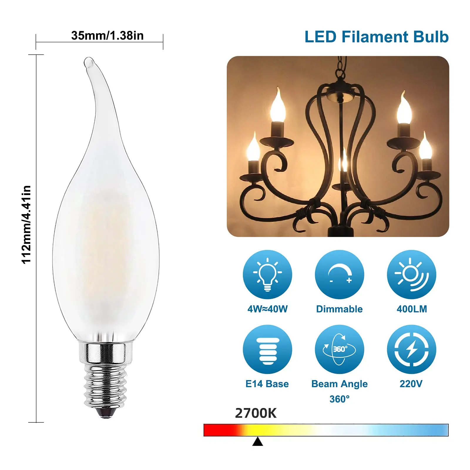 Retro światło świec Led C35 matowe E14 220V 4W przyciemniany żarnik żarówki ciepły biały 2700K lampa na żyrandol