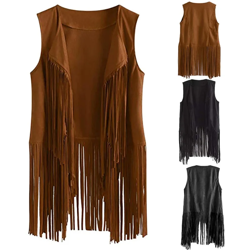 Fringe Vest Women Leather Suede Vest Tassels Vintage Winter Western Country Cowgirl Vest Waistcoat Jacket