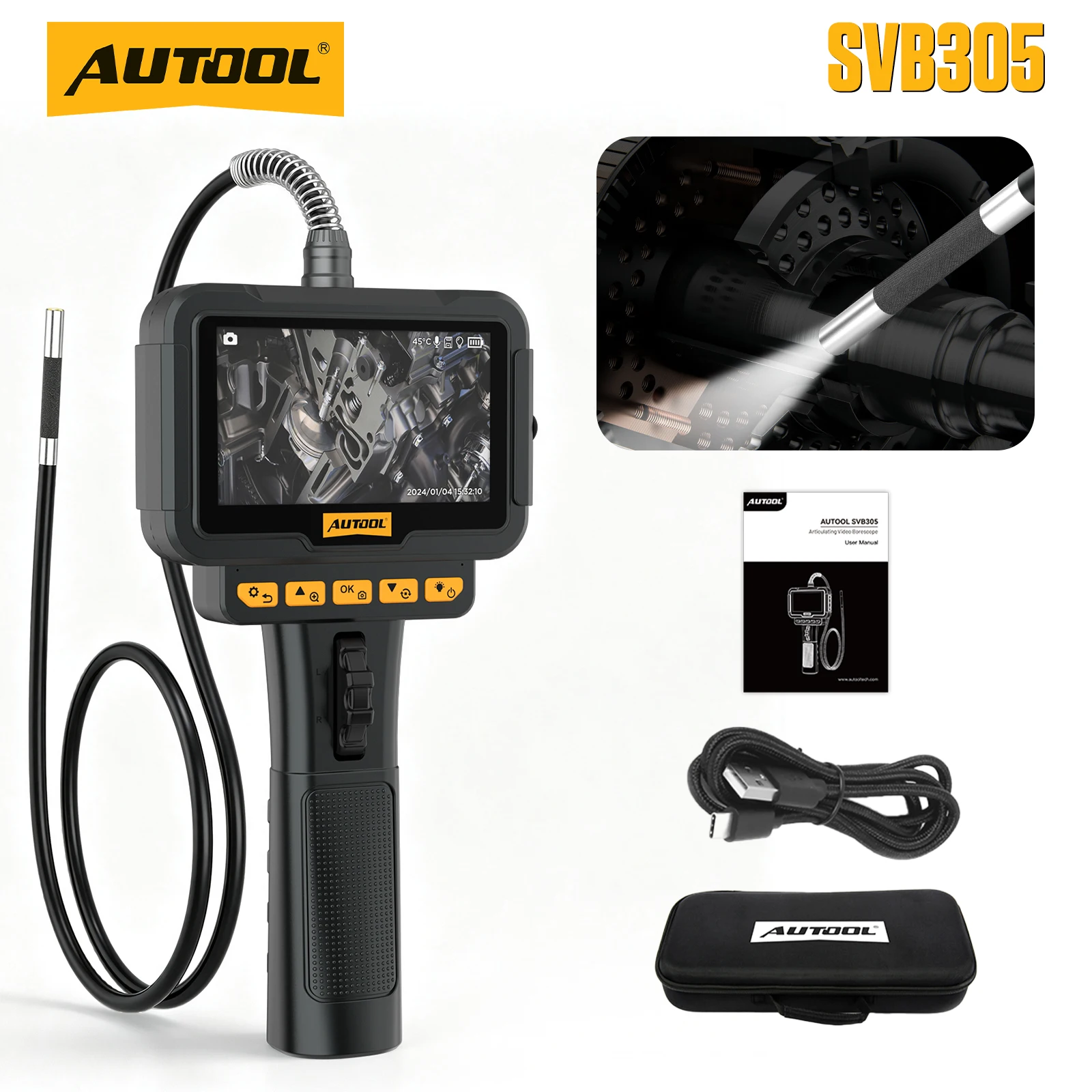 AUTOOL SVB305 Articulating Borescope 1080P HD 5MM Endoscope Camera USB Inspection Camera Tool For Car Engine Industrial Pipe
