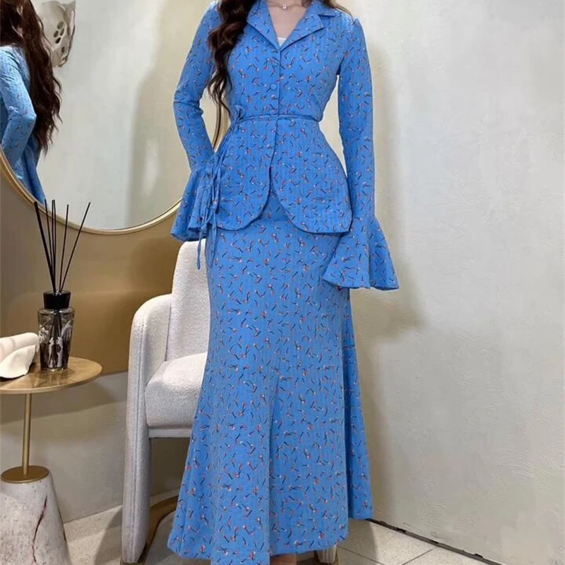 

Women Dress Sets Small Floral Print Skirt Suits Long Petal Sleeve Loose High Waist Shirt Zipper Fly Skirt Elegant Two Piece Set