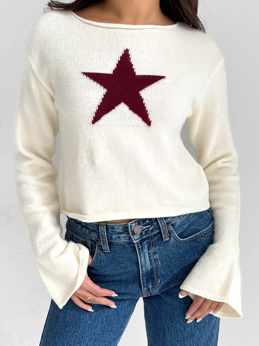 Women s Autumn Winter Knit Sweater Long Sleeve Boat Neck Star Print Loose Knitwear