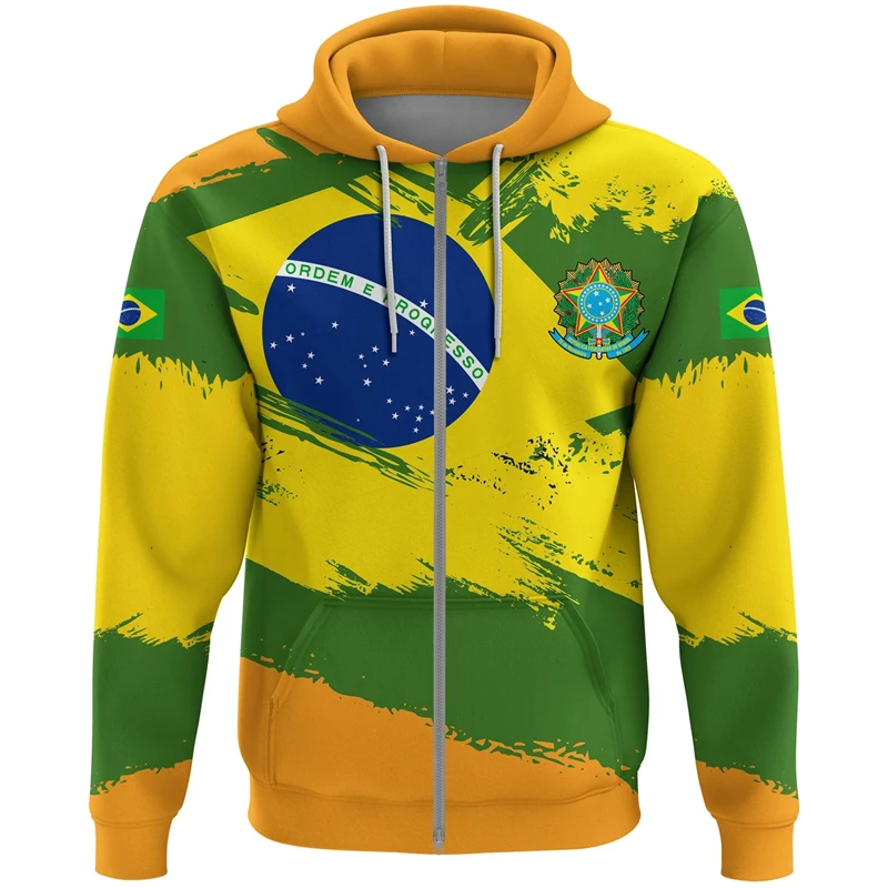 Brazil Flag Map Graphic Sweatshirts Brazilian National Emblem Zip Up Hoodie For Men Clothes Casual Male Hood Sport Boy Pullovers