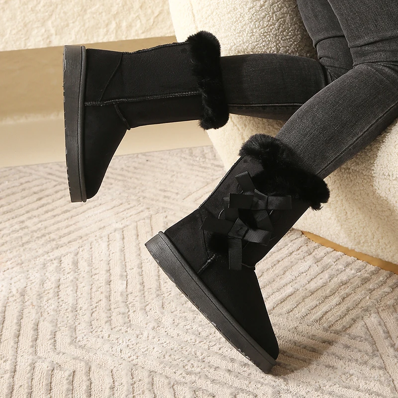 Women Flock Fluffy Suede Snow Boots Cute Butterfly Round Toe Warm Boots Autumn Winter Thick Sole Platform Cotton Shoes